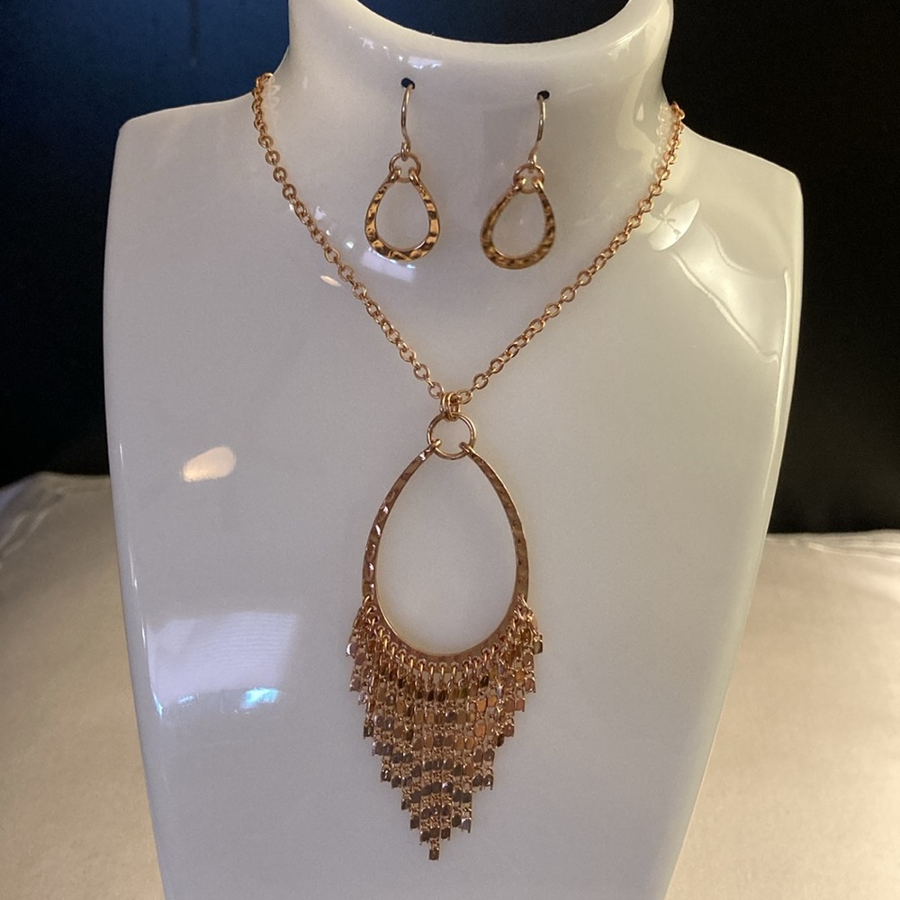 NWOT - Rose Goldtone Horseshoe Style Fringed Pendant and Matching Earring Set